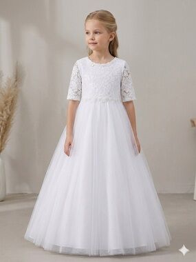 Classic White Lace & Tulle Formal Dress for Girls